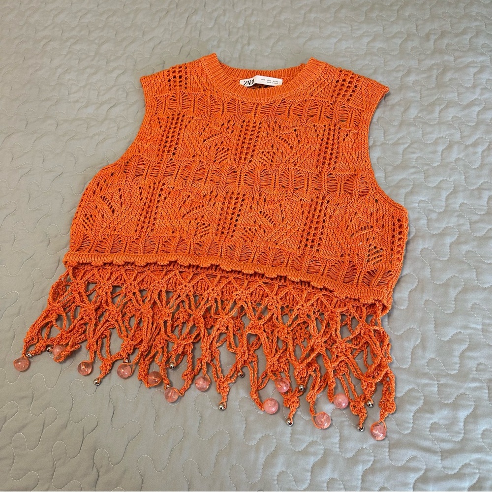 Zara Orange Crochet Beaded Detail Cropped Women’s Tank Top - Picture 3 of 7
